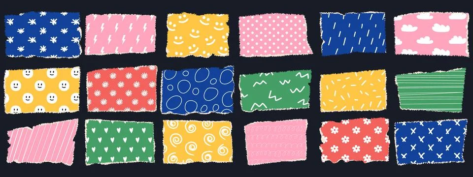Set of black jagged rectangle with funny pattern. Torn paper items for collag 스톡 일러스트