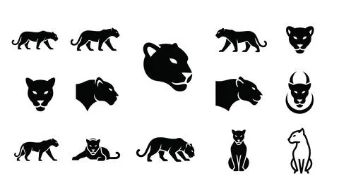 Set of black jaguar in flat design, jaguar walk, jaguar icon, jaguar head, .. Stock Illustration