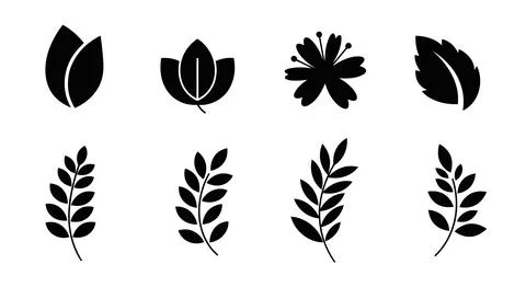 A set of black leaf silhouettes on a white background Stock Illustration