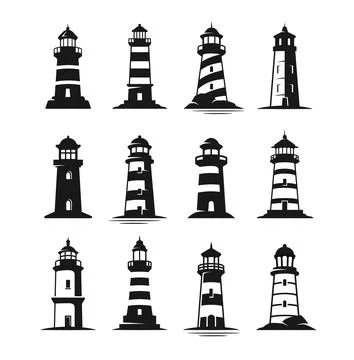 Set of black lighthouse silhouettes. Vector illustration Stock-Illustration