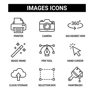 Set of black line art image editing icons including printer, camera, 360-de.. Stock Illustration