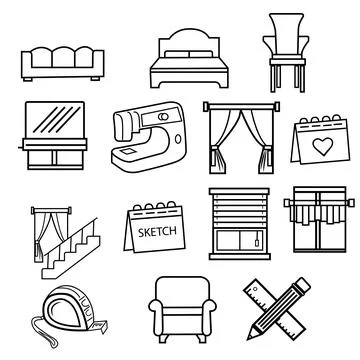Set of black linear icons highlights for interior and design Stock Illustration