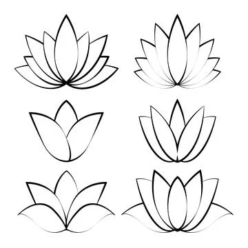 Set of black linear lotus icon. Sketch isolated flower symbols on white. Vector Stock Illustration