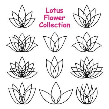 Set of black linear lotus icon. Sketch isolated flower symbols on white. Vector Illustrazione stock
