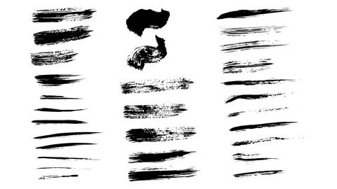 Set of black lines of different thicknesses and sizes made in ink Stock Illustration