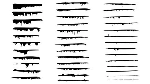 Set of black lines of different thicknesses and sizes made in ink Illustrazione stock