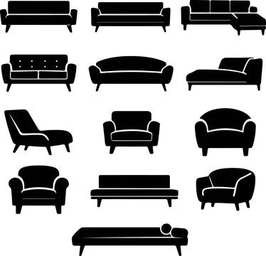 Set of black living room sofas and armchairs different styles and shapes Stock Illustration