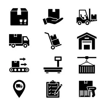 Set of black logistic icons representing delivery truck, warehouse, forklif.. 库存插图