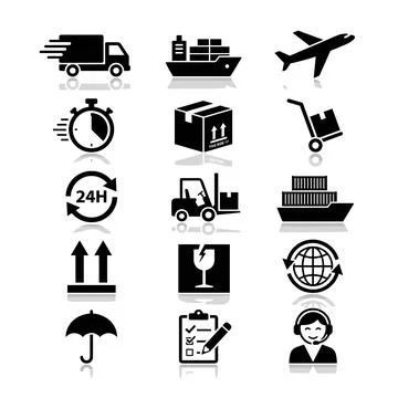 Set of black logistics and delivery icons including truck, cargo ship, airp.. Stock Illustration