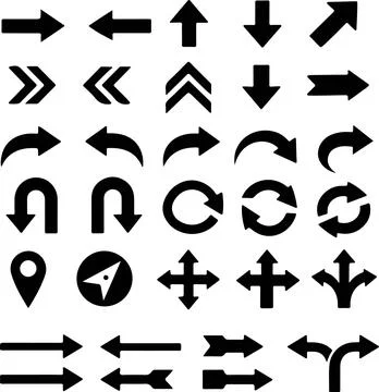 Set of black navigation arrows and symbols for direction and location on sign Stock-Illustration