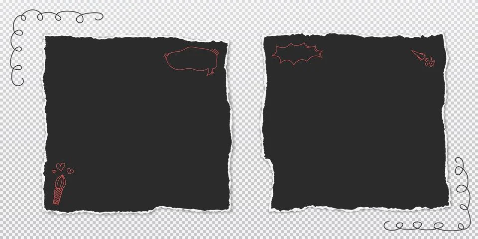 Set of black note paper with torn edges and soft shadow are on squared Stock Illustration