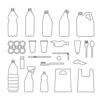 Set of black outline plastic objects on white background. Plastic garbage. Bo Stock Illustration