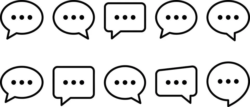 Set of black outline speech bubble icons with three dots, representing chat.. Illustrazione stock