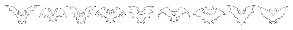 Set of Black outlines of bats with spread wings isolated on white background. Stock Illustration