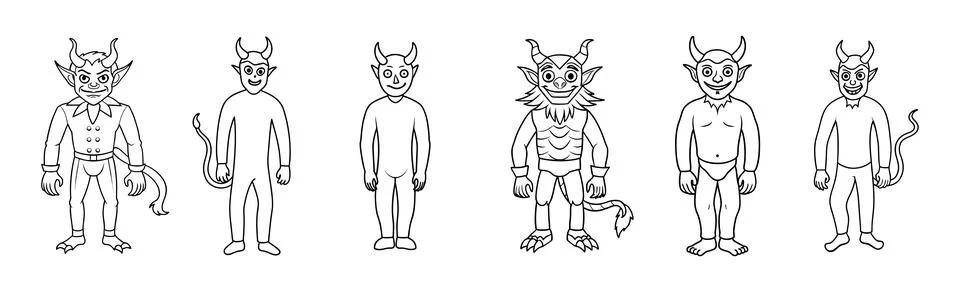 Set of Black outlines of devil characters isolated on a white background. Con Stock Illustration