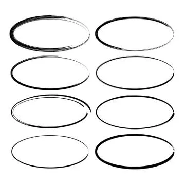 Set of black oval grunge frames. Kit of empty  borders. Vector illustration. Illustrazione stock