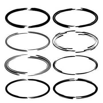 Set of black oval grunge frames. Circle borders. Vector illustration. Illustrazione stock