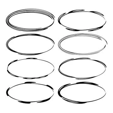 Set of black oval grunge frames. Empty ellipse borders. Vector illustration. Illustrazione stock