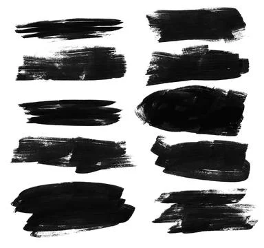 Set of black paint brush strokes with rich raster texture Stock Illustration