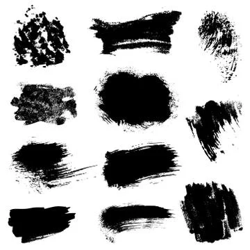 Set of black paint, ink splatters, grunge texture, brush strokes, brushes Stock Illustration