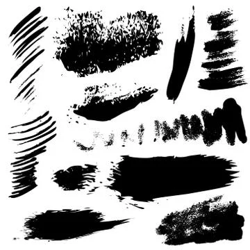 Set of black paint, ink splatters, grunge texture, brush strokes, brushes Stock Illustration