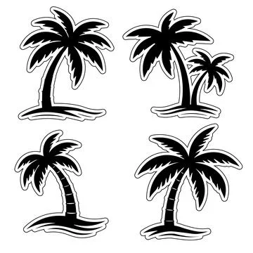 Set of black palm tree silhouettes with white borders designed as stickers. P 스톡 일러스트