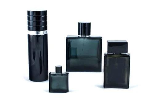 Set of black perfumes Stock Photos
