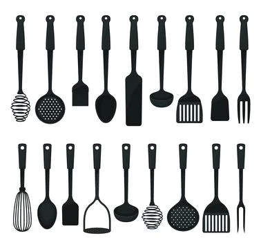 Set of black plastic kitchen tools. Kitchenware utensils collection vector Stock Illustration