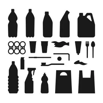 Set of black plastic objects on white background. Silhouette of plastic garba Stock Illustration