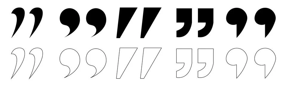 Set of black quotation marks in solid and outline styles for typography Stock Illustration