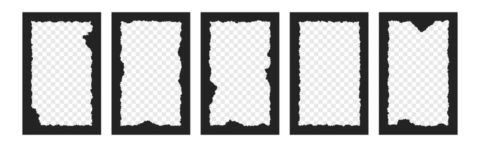 Set of black rectangle shape frames with jagged edges and empty transparent Illustrazione stock