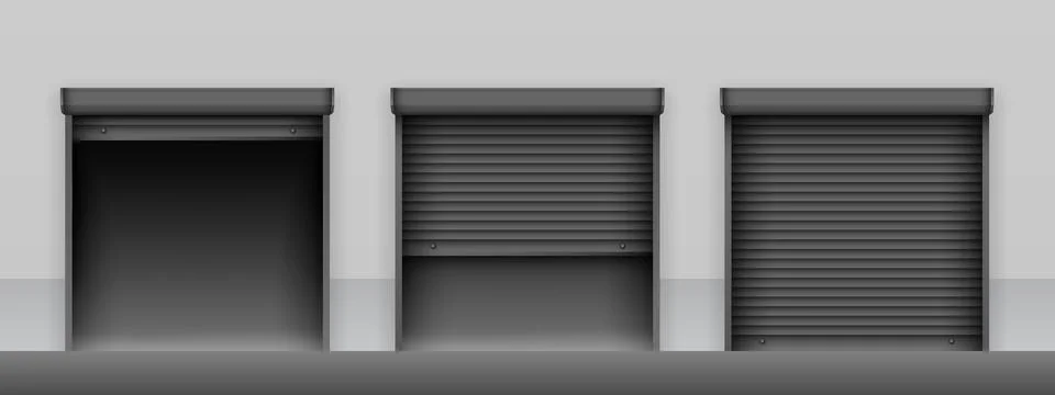 Set of black roller shutter gates on light grey wall of building. Open and Illustrazione stock