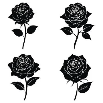 Set black rose silhouettes on white background Stock Illustration