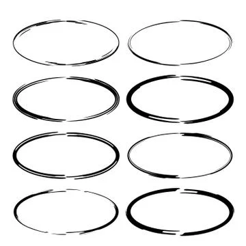 Set of black round grunge frames. Oval empty ink borders. Vector illustration Illustrazione stock