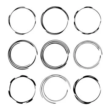 Set of black round grunge frames. Circle borders. Vector illustration. Illustrazione stock