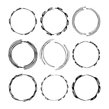 Set of black round grunge frames. Empty circle borders. Vector illustration. Illustrazione stock