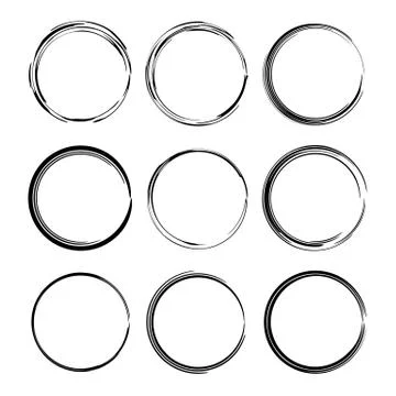 Set of black round grunge frames. Empty circle borders. Vector illustration. Stock Illustration
