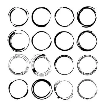 Set of black round grunge frames. Kit of  borders.  Vector illustration. Illustrazione stock