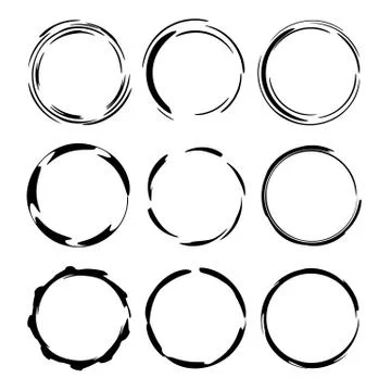 Set of black round grunge frames. Kit of  borders.  Vector illustration. Illustrazione stock