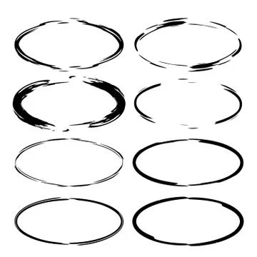 Set of black round grunge frames. Oval empty  borders. Vector illustration. Illustrazione stock