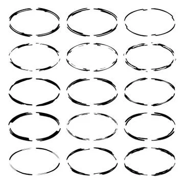 Set of black round grunge frames. Oval empty  borders. Vector illustration. Illustrazione stock