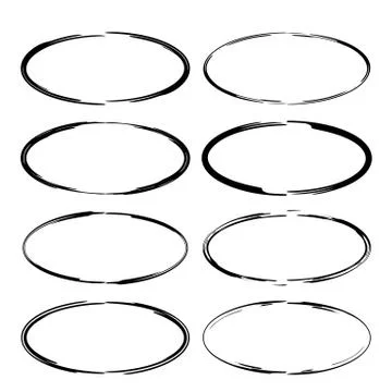 Set of black round grunge frames. Oval empty  borders. Vector illustration. Illustrazione stock