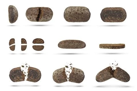 Set of black rye bread on a white isolated background. Bread of different cut Stock Photos