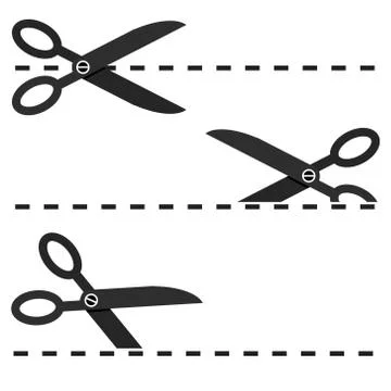 Set of Black Scissors with Cut Lines Vector Isolated Stock Illustration
