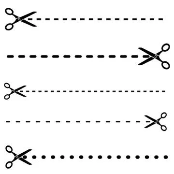 Set of Black Scissors with Cut Lines Vector Isolated Stock Illustration