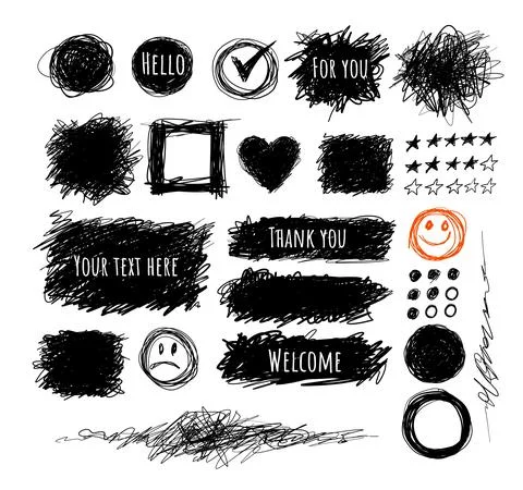 Set of black scribble elements with place for your text on white background. Illustrazione stock