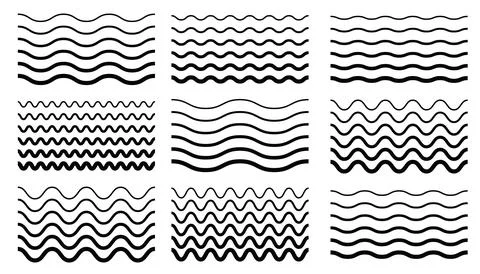 A set of black seamless halftone wavy lines and borders with varying thickn.. Stock Illustration