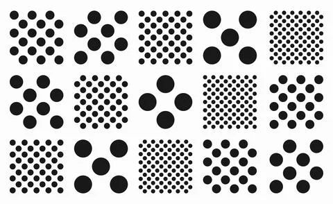 Set of black seamless polka dot patterns. Round circle shapes in Memphis styl Stock Illustration
