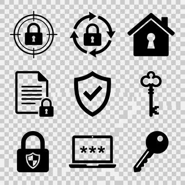 Set of black security icons including padlock on target, circular arrows wi.. Stock Illustration