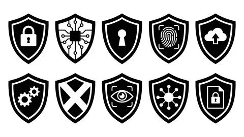 Set of black security shield icons on transparent background. 스톡 일러스트